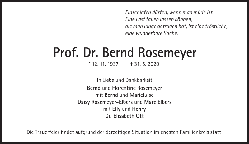  Traueranzeige für Bernd Rosemeyer vom 06.06.2020 aus Süddeutsche Zeitung
