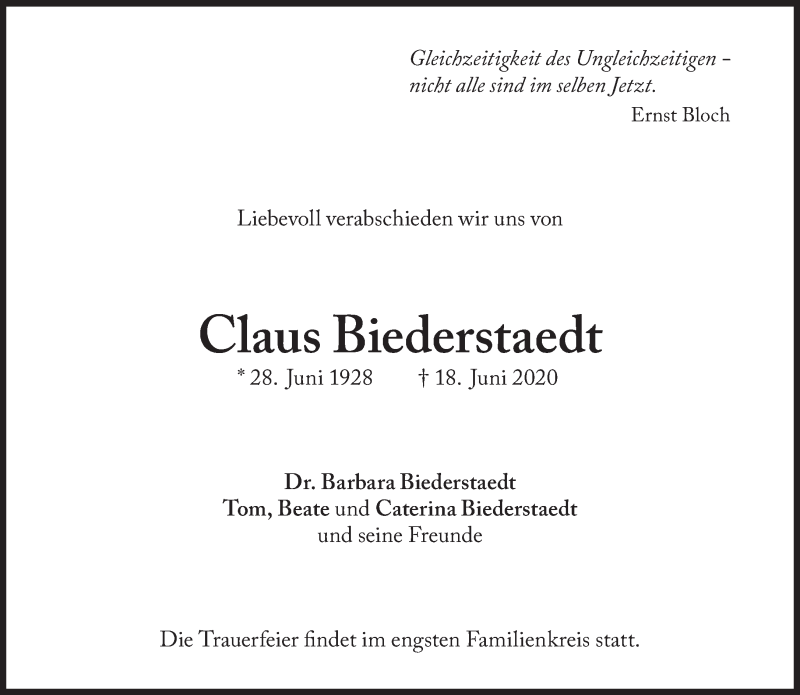  Traueranzeige für Claus Biederstaedt vom 24.06.2020 aus Süddeutsche Zeitung