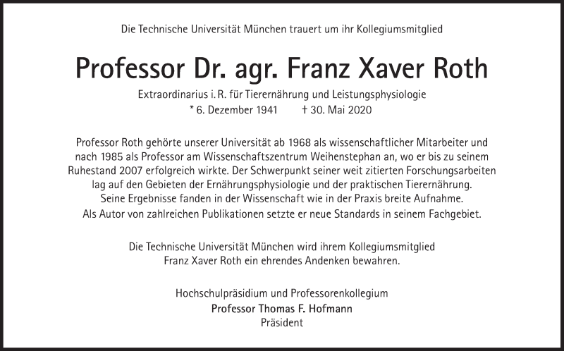  Traueranzeige für Franz Xaver Roth vom 06.06.2020 aus Süddeutsche Zeitung