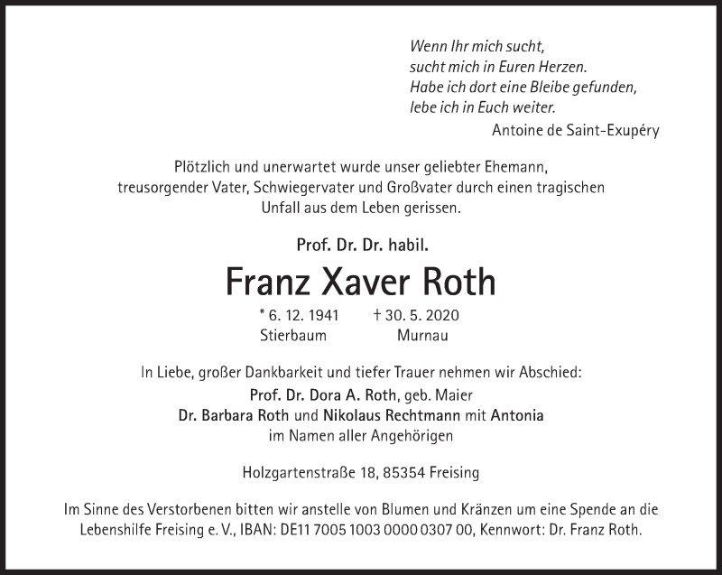  Traueranzeige für Franz Xaver Roth vom 06.06.2020 aus Süddeutsche Zeitung