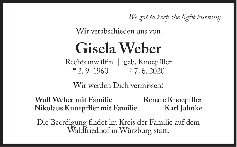  Traueranzeige für Gisela Weber vom 13.06.2020 aus Süddeutsche Zeitung