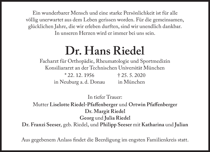  Traueranzeige für Hans Riedel vom 05.06.2020 aus Süddeutsche Zeitung
