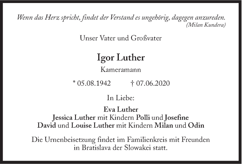  Traueranzeige für Igor Luther vom 17.06.2020 aus Süddeutsche Zeitung
