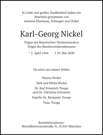 Traueranzeige von Karl-Georg Nickel von Süddeutsche Zeitung