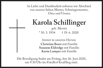 Traueranzeige von Karola Schillinger von Süddeutsche Zeitung