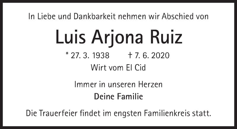  Traueranzeige für Luis Arjona Ruiz vom 13.06.2020 aus Süddeutsche Zeitung