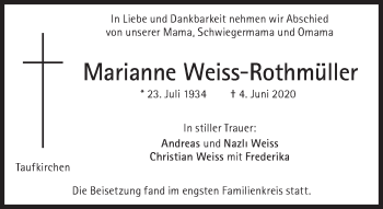 Traueranzeige von Marianne Weiss-Rothmüller von Süddeutsche Zeitung