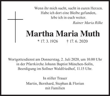 Traueranzeige von Martha Maria Muth von Süddeutsche Zeitung
