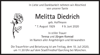 Traueranzeige von Melitta Diedrich von Süddeutsche Zeitung