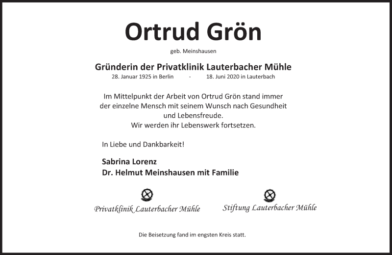  Traueranzeige für Ortrud Grön vom 27.06.2020 aus Süddeutsche Zeitung