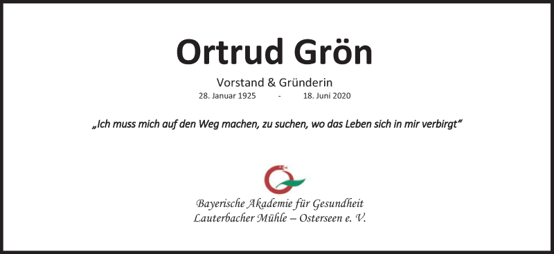  Traueranzeige für Ortrud Grön vom 27.06.2020 aus Süddeutsche Zeitung