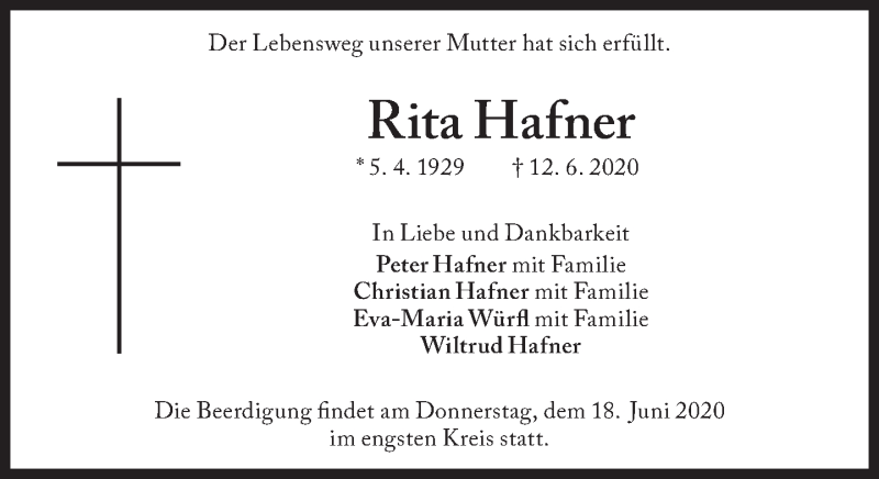  Traueranzeige für Rita Hafner vom 16.06.2020 aus Süddeutsche Zeitung
