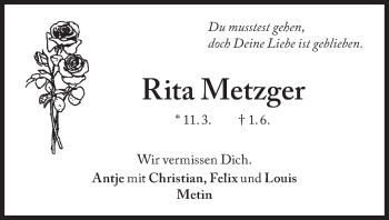Traueranzeige von Rita Metzger von Süddeutsche Zeitung