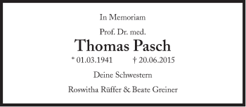 Traueranzeige von Thomas Pasch von Süddeutsche Zeitung