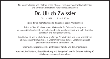 Traueranzeige von Ulrich Zwissler von Süddeutsche Zeitung