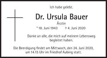 Traueranzeige von Ursula Bauer von Süddeutsche Zeitung