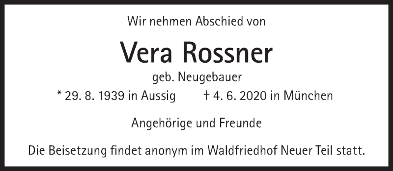  Traueranzeige für Vera Rossner vom 13.06.2020 aus Süddeutsche Zeitung