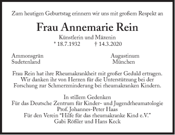 Traueranzeige von Annemarie Rein von Süddeutsche Zeitung
