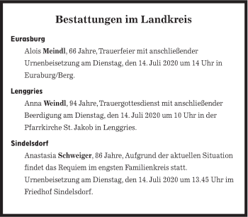 Traueranzeige von Bestattungen vom 14.07.2020 von Süddeutsche Zeitung