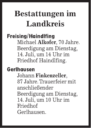 Traueranzeige von Bestattungen vom 14.07.2020 von Süddeutsche Zeitung