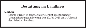 Traueranzeige von Bestattungen vom 20.07.2020 von Süddeutsche Zeitung