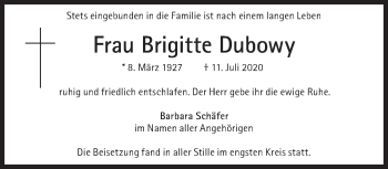 Traueranzeige von Brigitte Dubowy von Süddeutsche Zeitung