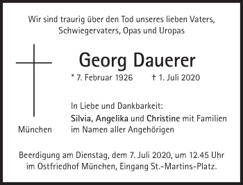 Traueranzeige von Georg Dauerer von Süddeutsche Zeitung
