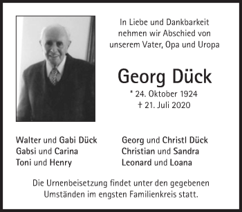 Traueranzeige von Georg Dück von Süddeutsche Zeitung