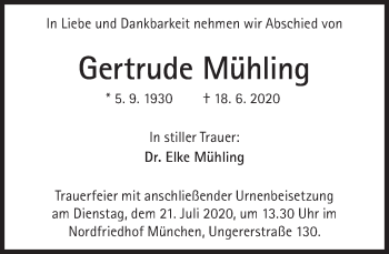Traueranzeige von Gertrude Mühling von Süddeutsche Zeitung