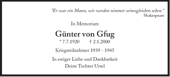 Traueranzeige von Günter von Gfug von Süddeutsche Zeitung