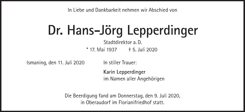  Traueranzeige für Hans-Jörg Lepperdinger vom 11.07.2020 aus Süddeutsche Zeitung