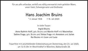 Traueranzeige von Hans Joachim Bruins von Süddeutsche Zeitung