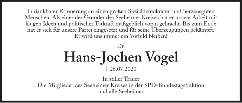  Traueranzeige für Hans-Jochen Vogel vom 29.07.2020 aus Süddeutsche Zeitung