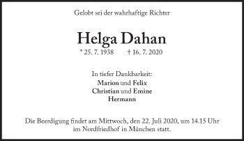 Traueranzeige von Helga Dahan von Süddeutsche Zeitung