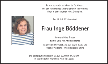 Traueranzeige von Inge Böddener von Süddeutsche Zeitung