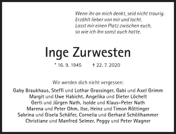 Traueranzeige von Ingeborg Zurwesten von Süddeutsche Zeitung