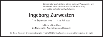Traueranzeige von Ingeborg Zurwesten von Süddeutsche Zeitung