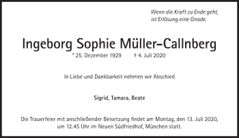 Traueranzeige von Ingeborg Sophie Müller-Callnberg von Süddeutsche Zeitung