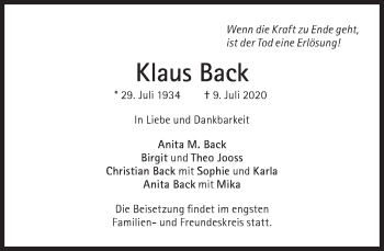 Traueranzeige von Klaus Back von Süddeutsche Zeitung