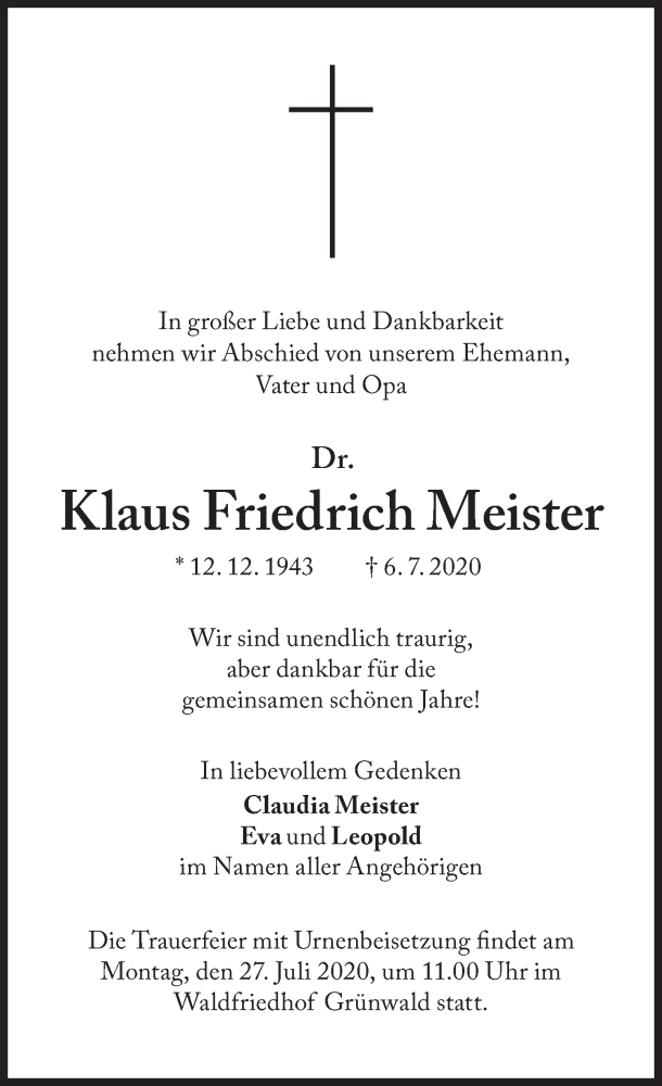  Traueranzeige für Klaus Friedrich Meister vom 18.07.2020 aus Süddeutsche Zeitung