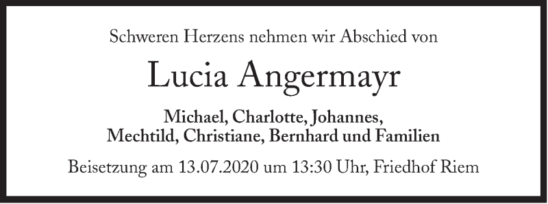  Traueranzeige für Lucia Angermayr vom 04.07.2020 aus Süddeutsche Zeitung