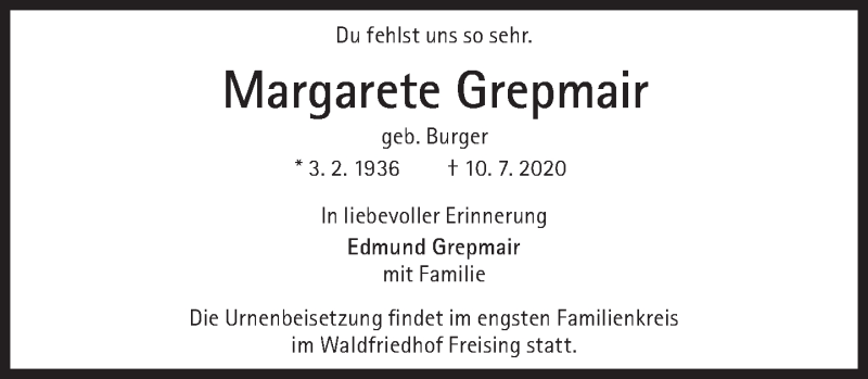  Traueranzeige für Margarete Grepmair vom 18.07.2020 aus Süddeutsche Zeitung