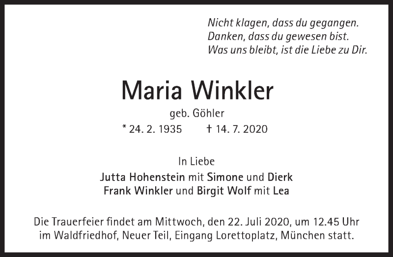  Traueranzeige für Maria Winkler vom 18.07.2020 aus Süddeutsche Zeitung
