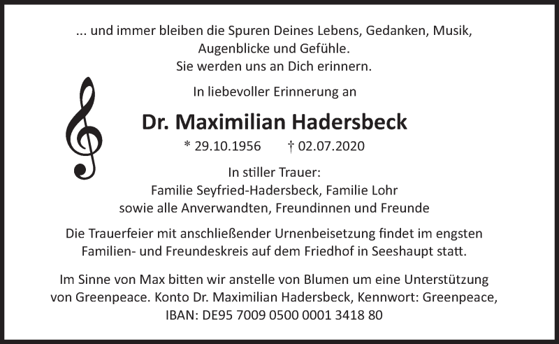 Traueranzeige für Maximilian Hadersbeck vom 10.07.2020 aus Süddeutsche Zeitung