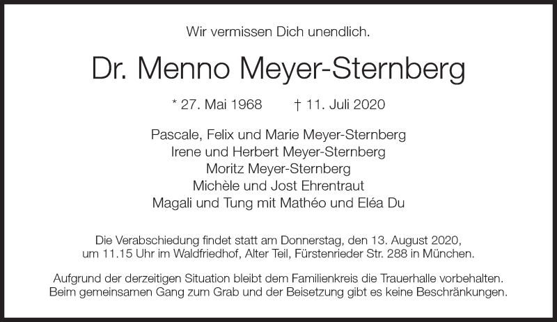  Traueranzeige für Menno Meyer-Sternberg vom 18.07.2020 aus Süddeutsche Zeitung