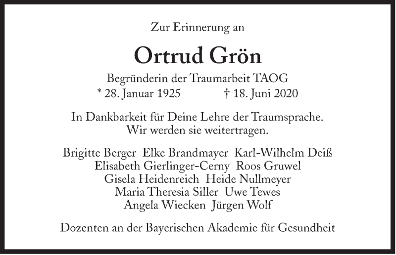  Traueranzeige für Ortrud Grön vom 04.07.2020 aus Süddeutsche Zeitung