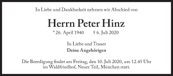 Traueranzeige von Peter Hinz von Süddeutsche Zeitung