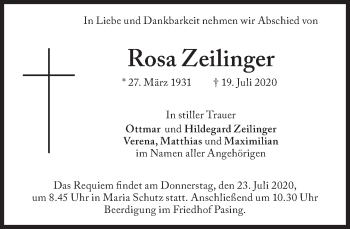 Traueranzeige von Rosa Zeilinger von Süddeutsche Zeitung