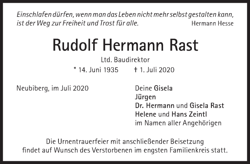  Traueranzeige für Rudolf Hermann Rast vom 04.07.2020 aus Süddeutsche Zeitung