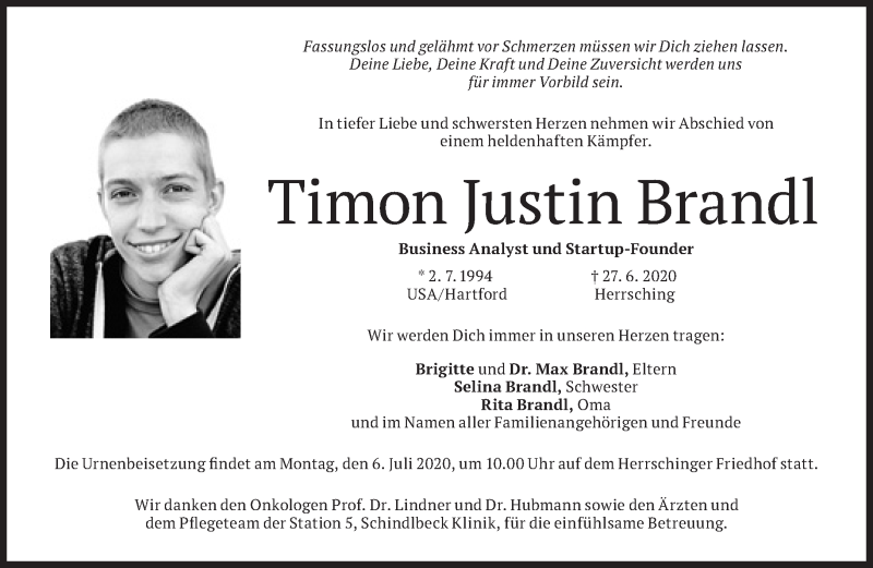  Traueranzeige für Timon Justin Brandl vom 04.07.2020 aus Süddeutsche Zeitung